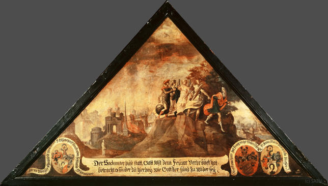 Der Sodomiter böse statt, Gott Mit dem Feüwr verbrönnet hat,
betracht o sünder du hierbey, wie Gott der sünd zu wider sey.

Bildnummern: Kdm LU 10a, Inschriftenverzeichnis 110v, von Moos 10