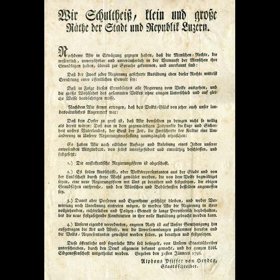 Angesichts der Vorstösse der napoleonischen Truppen bekannte sich die aristokratische Regierung im Januar 1798 zu den Menschenrechten – und dankte ab.