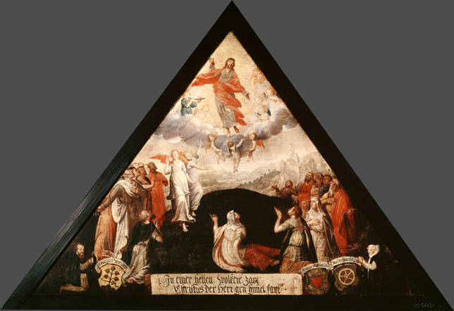 In einer hellen wolken zart
Christus der Herr gen himmel fart

Bildnummern: Kdm LU 42b, Inschriftenverzeichnis 75r, von Moos LXXV