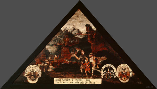 Joseph uerkaufft in frömbde land,
Der brüderen neyd, nicht acht die schand.

Bildnummern: Kdm LU 11a, Inschriftenverzeichnis 109v, von Moos 12