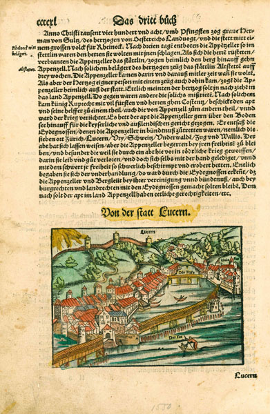 Kolorierter Holzschnitt im dritten Buch von Sebastian Münsters «Weltbeschreibung». Kapell- und Hofbrücke haben die falsche Laufrichtung.