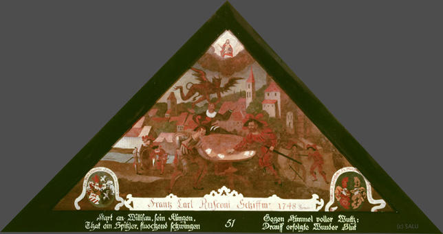Hart an Willisau sein klingen
That ein spihler fluochend schwingen

gegen Himel Voller Wuth
Drauff erfolgte Wunder Blut.

Bildnummern:Kdm LU 52, Halter XIX, Eglin 51