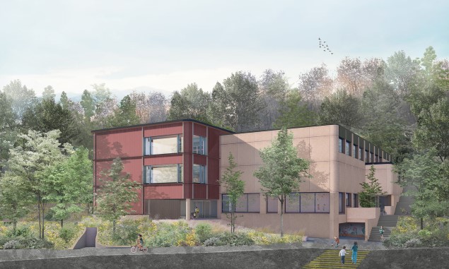 Neubau links und Turnhalle rechts