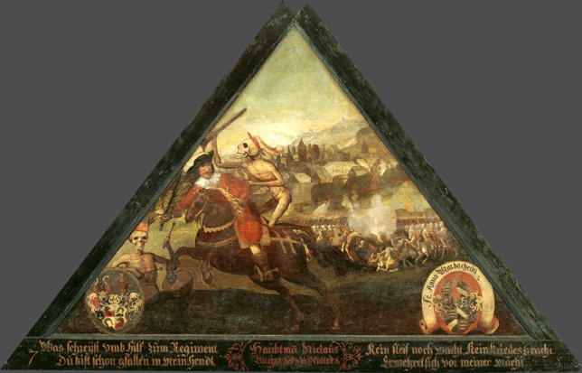 Was schreyst umb Hilf zum Regiment
Du bist schon gfallen in mein hendt,

Kein fleis noch Wacht kein Krieges pracht
Erwehret sich von meiner Macht.

Bildnummern: Kdm LU 31, Halter 7, Eglin 29