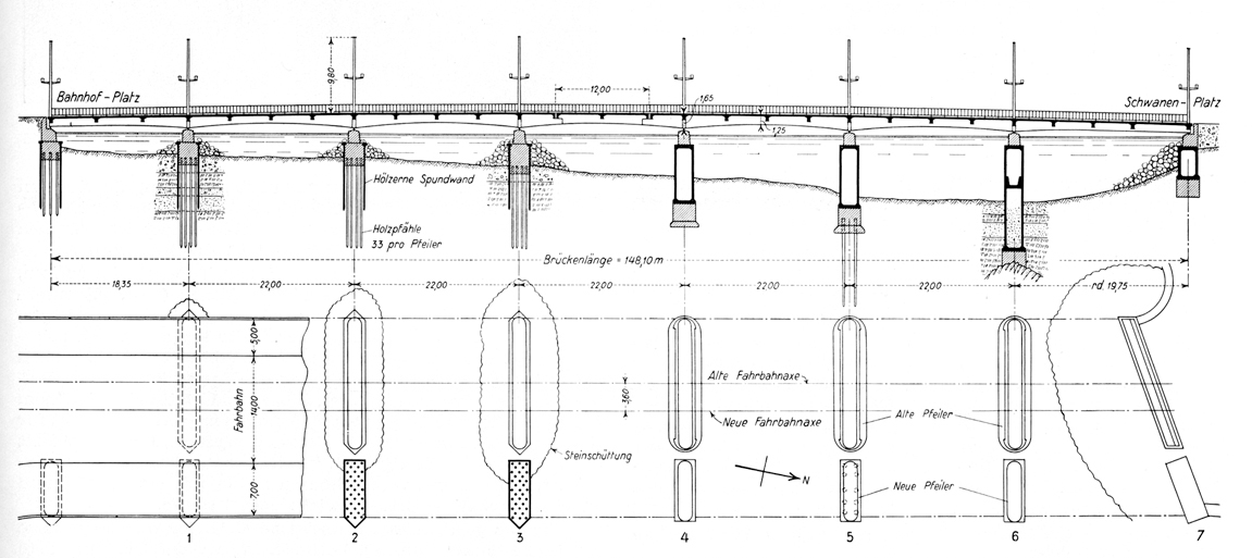 Oben: Schnitt bzw. Ansicht vom See her gesehen. Unten: Grundriss mit den neuen Pfeilern und 7 m Trottoir darüber sowie den alten Pfeilern unter der Fahrbahn von 14 m und Trottoir von 5 m Breite.