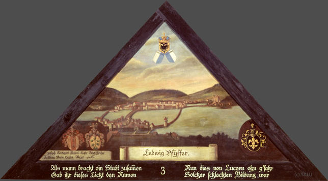 Alss mann bracht ein Statt zusammen
Gab ihr dieses Licht den Namen.

Nun dies neu Lucern ohn g'fahr
Solcher schlechten Bildung war.

Bildnummern: Kdm LU 3, Halter LXXV, Eglin 3