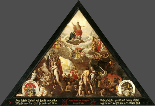 Das letzte Gricht voll forcht und zitter
Macht uns den Tod so herb und bitter

Dess höchsten gwalt und zornig Gstalt
Wyl keiner weisst, wie der Baum fallt.

Bildnummern: Kdm LU 46, Halter 36, Eglin 56