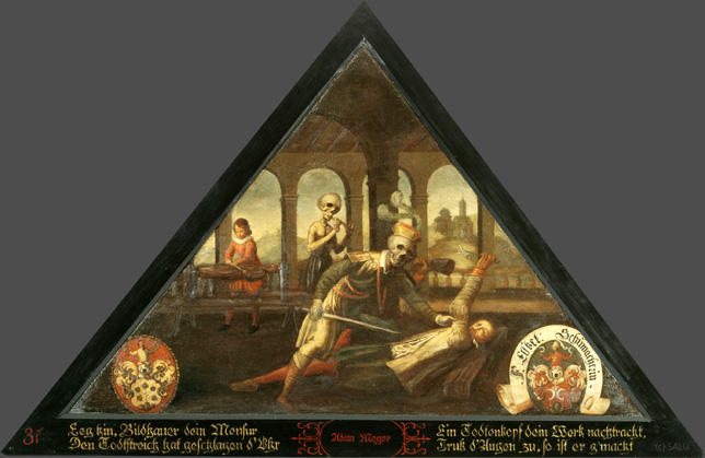 Leg hin, Bildhauer dein Mensur
Den Todtstreich hat geschlagen d'Uhr

Ein Todtenkopf dein Werk nachtracht,
Truk d'Augen zu, so ist er g'macht.

Bildnummern: Kdm LU 64, Halter 10, Eglin 31