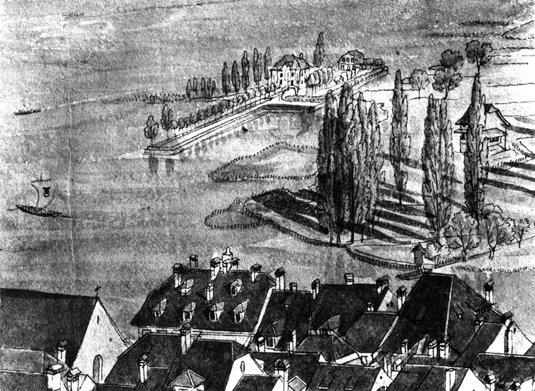 Das Inseli mit seiner Allee auf der Landzunge im Vordergrund, dem Herrenhaus in der Mitte und dem Gärtnerhaus im Hintergrund in den 1820er-Jahren.