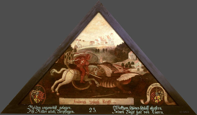 Reiden angenemmst gelegen,
Dise Ritter auch Verpflegen.

Wickhon, schönes schloss ohnfern,
Seinen Vogt hat von Lucern.

Bildnummern: Kdm LU 23, Halter LVII, Eglin 23