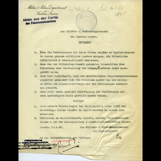1938 wurden die Varieté-Vorstellungen der «Revue Folies Bergère» wegen Verletzung der öffentlichen Sittlichkeit verboten.