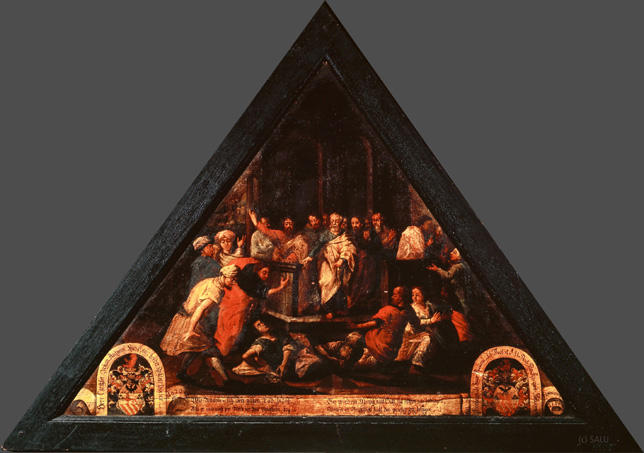 Wie Ananias sich den gähen Tod zuzog
Als er und auch sein Weib vor den Aposteln log,

So wird ein Mensch nicht Gott, sich selbsten nur bekriegen,
Wenn er im Beichtstuhl sucht den priester zu belügen.

Bildnummern: Kdm LU 118b, Inschriftenverzeichnis 8v, von Moos 112