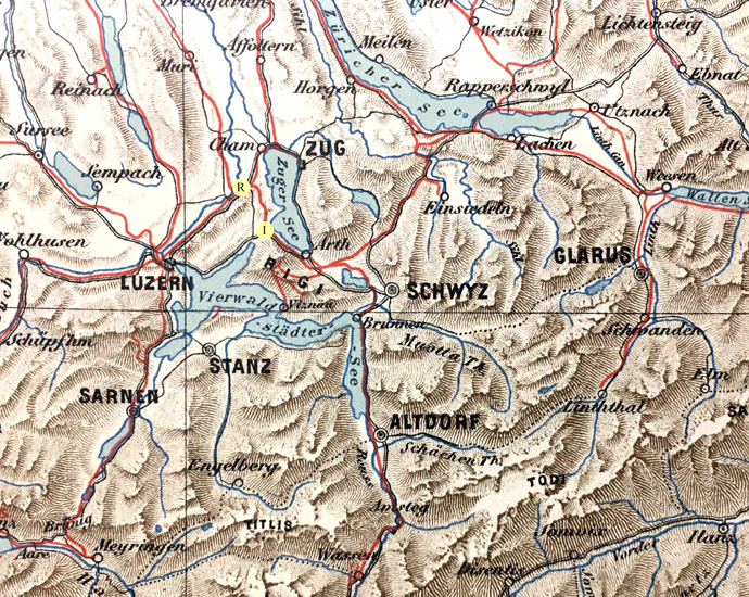 Die 1892 bestehenden Eisenbahnlinien sind rot eingetragen, neu markiert wurden die Stationen Rotkreuz (R) und Immensee (I).