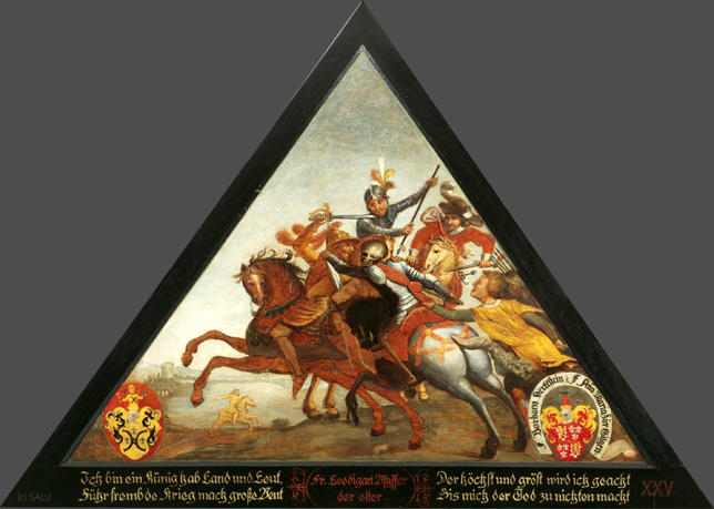 Ich bin ein Künig hab Land und Leut.
Führ frembde Krieg mach grosse Beut

Der höchst und gröst wird ich geacht
Bis mich der Tod zu nichten macht.

Bildnummern: Kdm LU 7, Halter XXV, Eglin 7