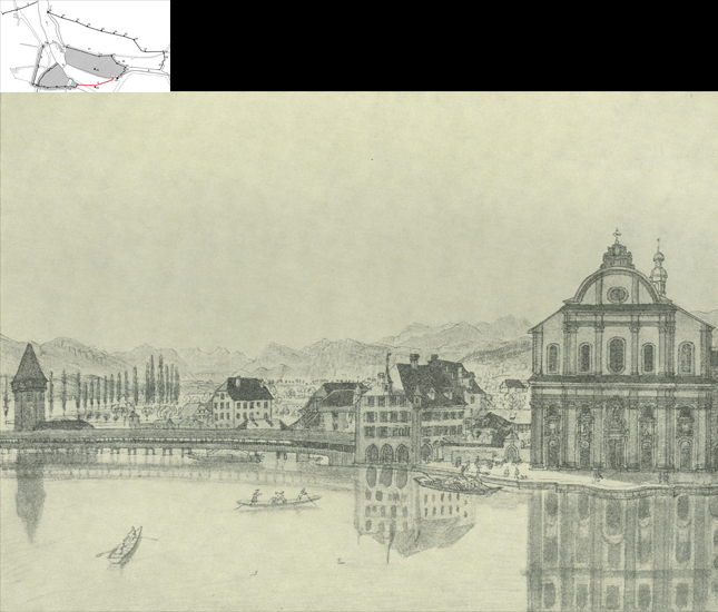 Vor dem Bau des Quais diente der Freienhof (Bildmitte) als Brückenkopf. Stadtauswärts wurden die Brüstungen der Luzerner Wehrbrücken zur Verteidigung höher gebaut, was sich heute noch ablesen lässt.