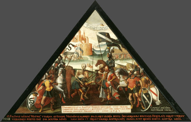 O FACINVS MIRVM! MATHAEVS, VT ARMA QVIESCANT,
VIZECOMES POSITIS DAT SVA SCEPTRA MINIS.

NEC MINVS ALBERTO SVA CLARET GLORIA SCOTO.
NAM SOCIA VT FIRMET FOEDERA SCEPTRA CAPIT.

SEC MORS HAEC SPECTANS HEROS AIT: ERRAT VTERQVE,
OMNIA SVNT REGNIS DEBITA SCEPTRA MEIS.

Bildnummern: Kdm LU 19, Halter XXXIII, Eglin fehlt