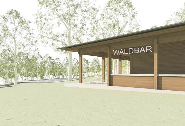 Die Waldbar findet im zweiten Gebäude, dem «Satellit» Platz und ist Beispiel der vielen unterschiedlichen Aufenthaltsqualitäten, welche durch die Gesamtsanierung geschaffen werden
