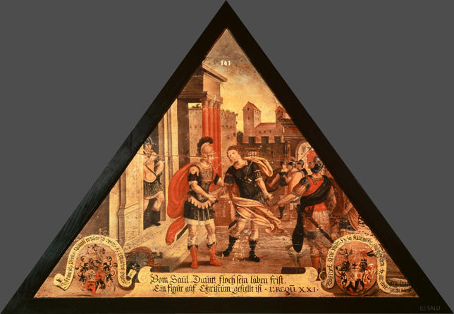 Vom Saul Dauitt floch sein läben frist,
Ein Figur auf Christum gestellt ist.

Bildnumern: Kdm LU 46a, Inschriftenverzeichnis 71v, von Moos 49
