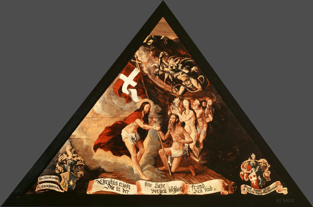 Christus erlösst sine Liebe fründ
Die in der vorhell beschlossen sind.

Bildnummern: Kdm LU 58b, Inschriftenverzeichnis 59r, von Moos LIX