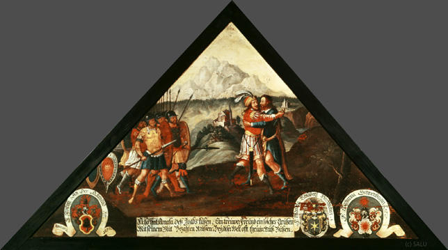 Also hat Amasa dess Joabs Küssen,
Mit seinem Blut Bezahlen Müssen:

Ein treüwer Freünd ein solches Grüssen
Bey diser Welt offt theüwr Muss Büssen.

Bildnummern: Kdm LU 116b, Inschriftenverzeichnis 98v, von Moos 22