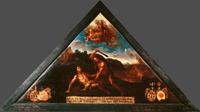 Halt ein Dein Streich! Wass fangest an?
Cain, was willst vollbringen?

Soll dan Abel dein Treüwer Gspan
Sein eigen bluot Verschlingen?

Bildnummern: Kdm LU 5a, Inschriftenverzeichnis 115v, von Moos 5