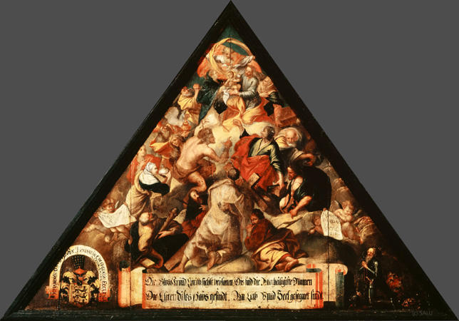 Die Bluts Fründ Christi sichst beysamen, Dis sind die Allerheiligiste Namen
Die Ehren dises Haus gesindt. An Leib und Seel gesegnet sindt.

Bildnummern: Kdm LU 115b, Inschriftenverzeichnis 4r, von Moos IV