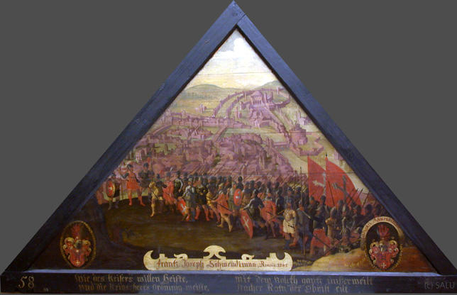wie des Keisers willen heiste,
und die krigs=heers=ordnung weiste,

Mit dem Volckh gantz unserweilt
nacher Rain der obrist eilt

Bildnummern: Kdm LU 128, Halter 58, Eglin fehlt