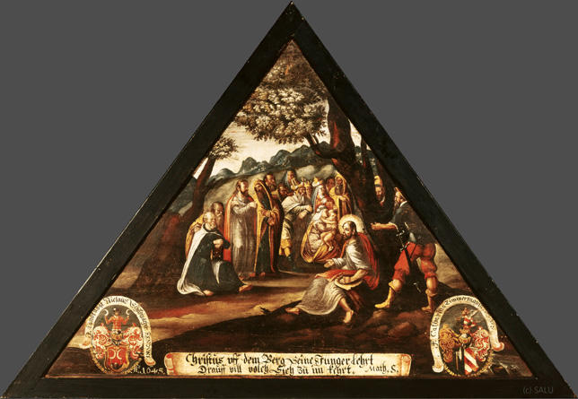 Christus vff dem Berg seine Jünger lehrt
Drauff vill volch sich zu ihm kehrt.

Bildnummern: Kdm LU 62a, Inschriftenverzeichnis 55v, von Moos 65