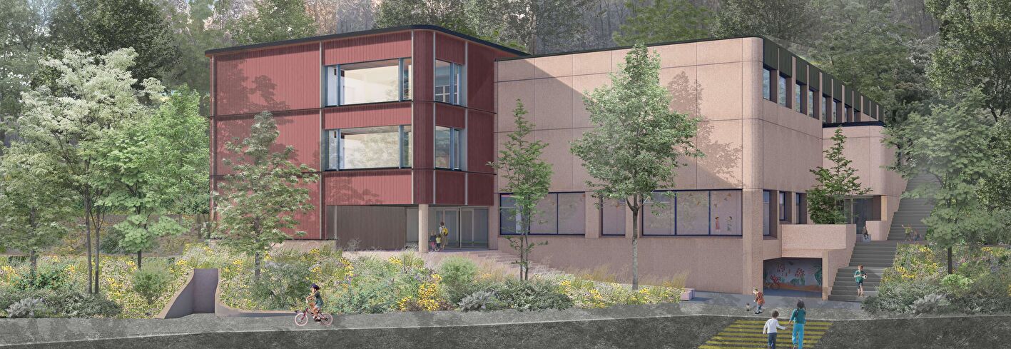 Visualisierung Neu- und Bestandsbau Steinhof 2, Ansicht von der Steinhofstrasse