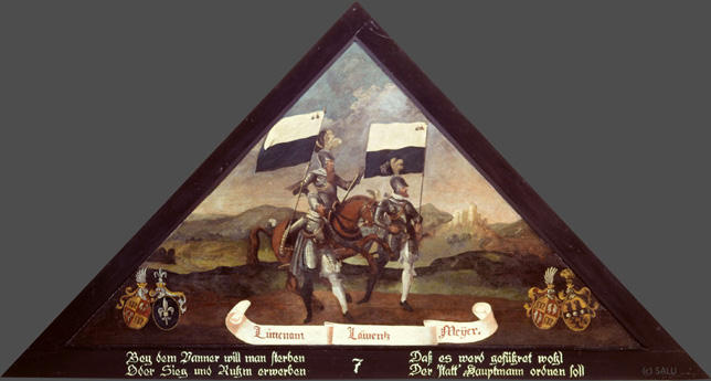 Bey dem Panner will man sterben,
Oder Sieg und Ruhm erwerben;

Dass es werd geführet wohl,
Der statt' Hauptmann ordnen soll.

Bildnummern: Kdm LU 7, Halter LXXI, Eglin 7
