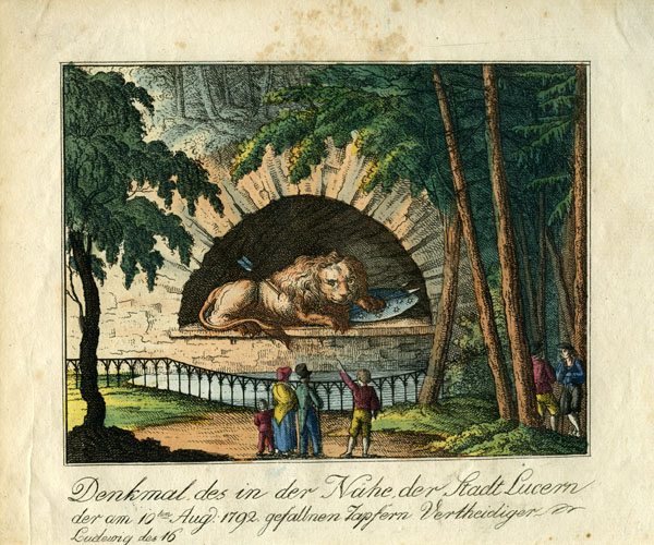 Ein kolorierter Kupferstich, der den Luzerner Löwen nicht ganz naturgetreu abbildet. Der noch lebendige Löwe liegt seitenverkehrt in einer geradezu perfekt halbrunden Öffnung.