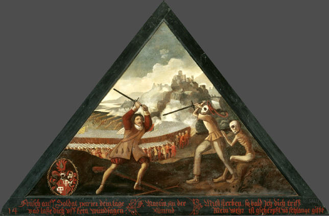 Früsch auff Soldat parier dein Täge
Und lasse dich uff kein Wundsägen

Must sterben, so bald Ich dich triff
Mein wehr ist gscherpft von schlange gifft.

Bildnummern: Kdm LU 58, Halter 14, Eglin fehlt