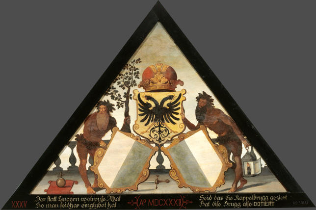 Der statt Lucern wolwyse Rhat
So man seidhar einglybet hat

Seid das die Kappelbrugg geziert
Hat dise Brugg also DOTIERT.

AO. MDCXXXII

Bildnummern: Kdm LU 1, Halter XXXV, Eglin fehlt