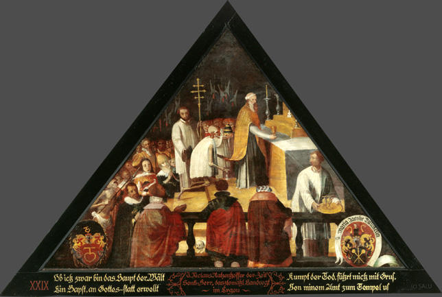 Ob ich zwar bin das Haupt der Wält
Ein Bapst, an Gottes-statt erwellt

Kumpt der Tod, führt mich mit Grus,
Von minem Amt zum Tempel us.

Bildnummern: Kdm LU 4, Halter XXIX, Eglin 3