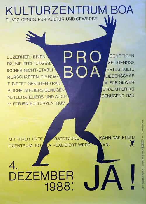 Auf Initiative der IKU Boa stimmten die Luzerner 1988 über die Schaffung Kultureller Freiräume in der ehemaligen Schlauchfabrik Boa ab.