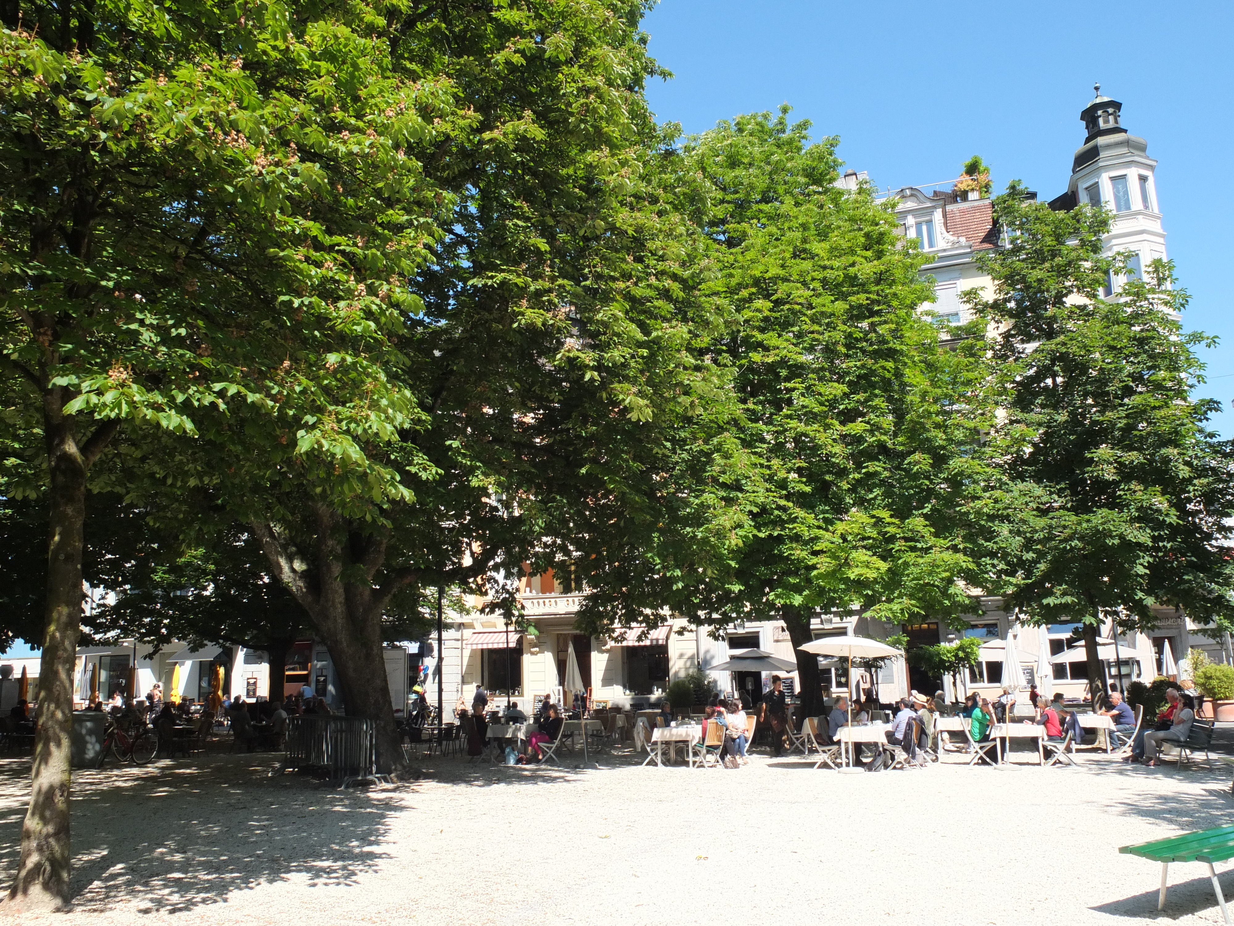 Helvetiaplatz: Sonnen- oder Schattenplatz zur freien Auswahl. Der helle, wasserdurchlässige Belag heizt sich im Sommer weniger stark auf. Starkniederschläge können vor Ort versickern. Dies entlastet die Siedlungsentwässerung. Das gespeicherte Wasser schützt in trockenen Phasen Pflanzen vor dem verdorren.