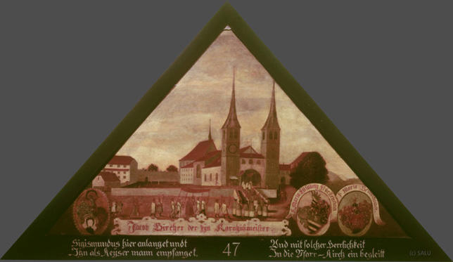 Sigismundus hier anlanget undt,
Jhn als Keyser mann empfanget

Und mit solcher Herrlichkeit
Jn die Pfarr = Kirch einbegleitt.

Bildnummern: Kdm LU 48, Halter XXXIII, Eglin 47