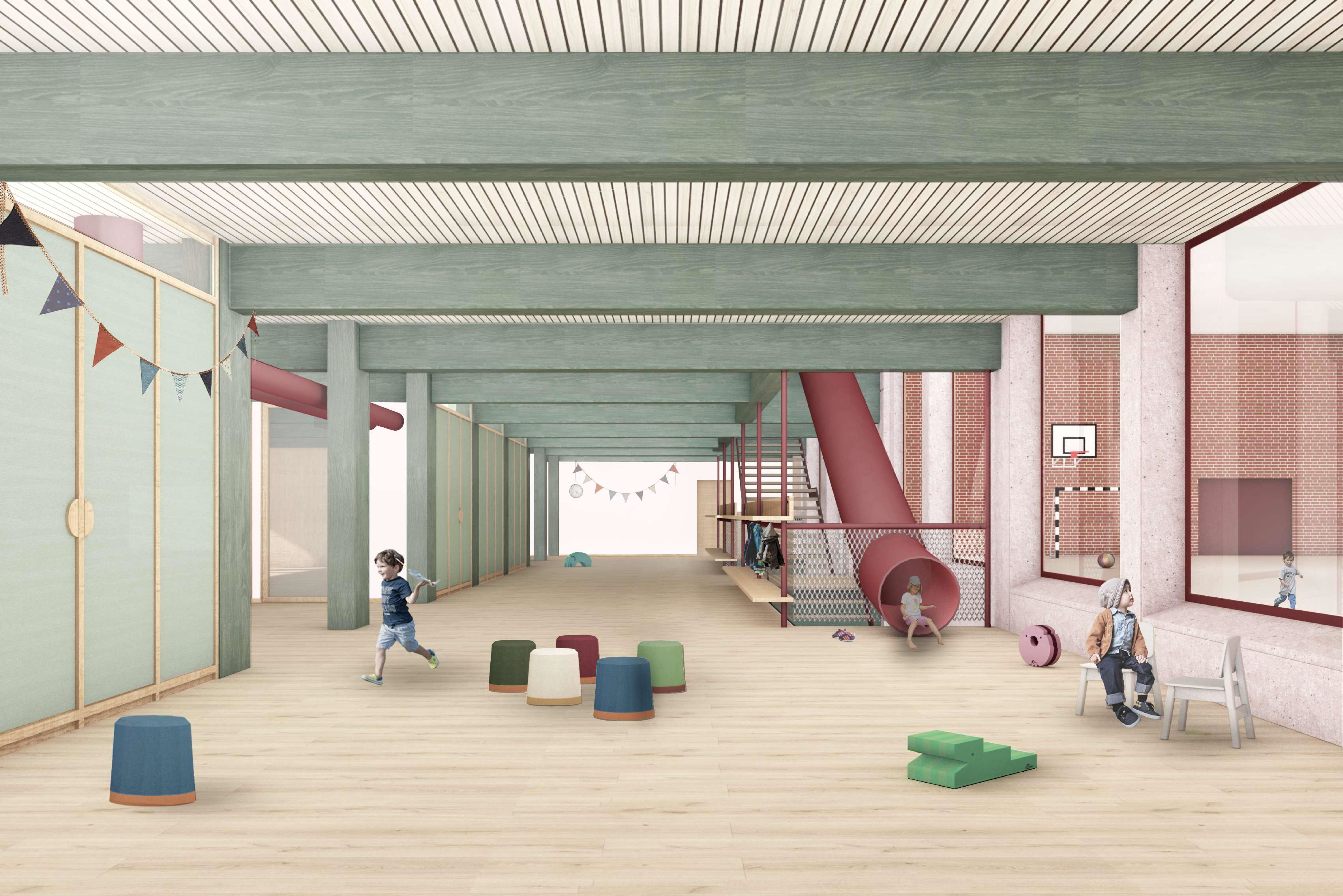 Visualisierung der Atelierzone im Neubau mit Blick in die bestehende Turnhalle