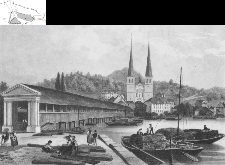 Ursprünglich führte die Hofbrücke über den sumpfigen Uferbereich zur Hofkirche. Mit der Aufschüttung des Schweizerhofquais wurde sie bis 1852 in vier Schritten abgetragen.