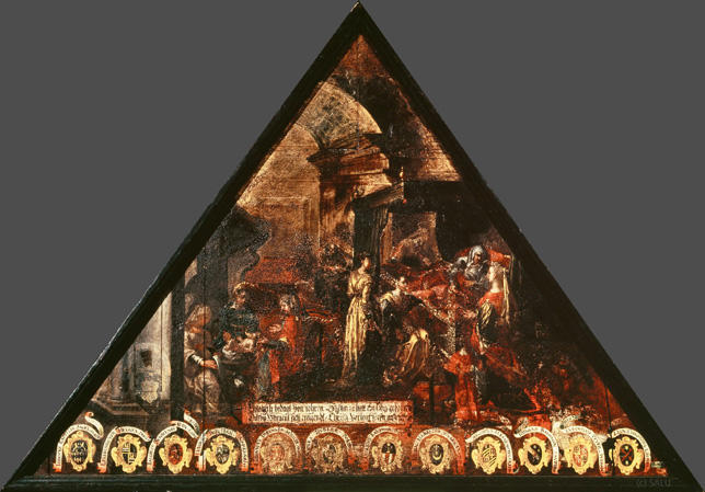 Elisabeth bedagt von iohren Zachari [...] hat ein sohn gebohren
Darby Miracul sich ereigendt Christi vorleufferen anzeigen

Bildnummern: Kdm LU 115a, Inschriftenverzeichnis 4v, von Moos 116
