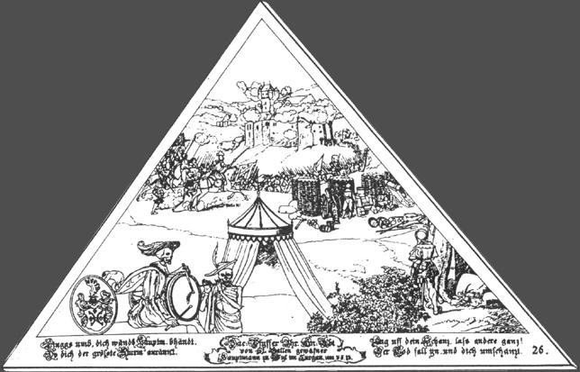 Linggs umb, dich wändh Hauptm. bhändt.
Do dich der grösste Sturm anrännt.

Lug uff deinen Schanz, lass andere ganz!
Der Tod fall yn, und dich umschanzt.

Bildnummern: Kdm LU 56, Halter V, Eglin fehlt