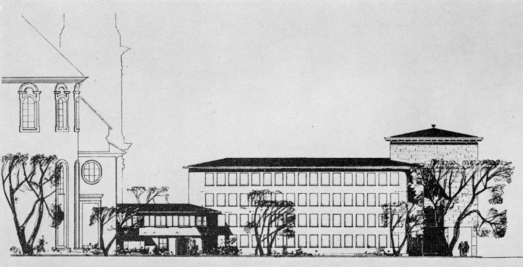 Gestaffelte Baukörper: Bürotrakt mit Abwartswohnung (an die Kirche angebaut) und Magazintrakt. Die Verwandtschaft zum tatsächlich umgesetzten Bibliotheksbau von Dreyer ist offensichtlich.