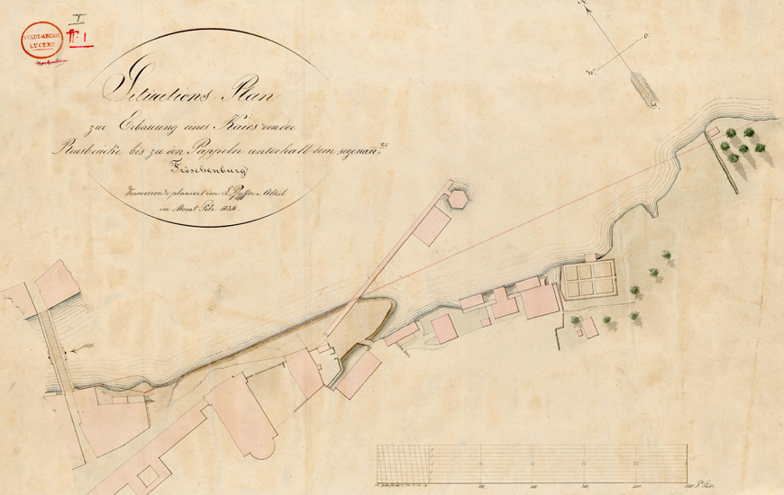 Der Quai reichte 1837 bis zum Seidenhof und 1857 bis zum Bahnhofplatz. Zuerst Jesuitenquai, danach Theaterquai und ab 1890 Bahnhofstrasse genannt, entsprechend der gesellschaftlichen Entwicklungen.