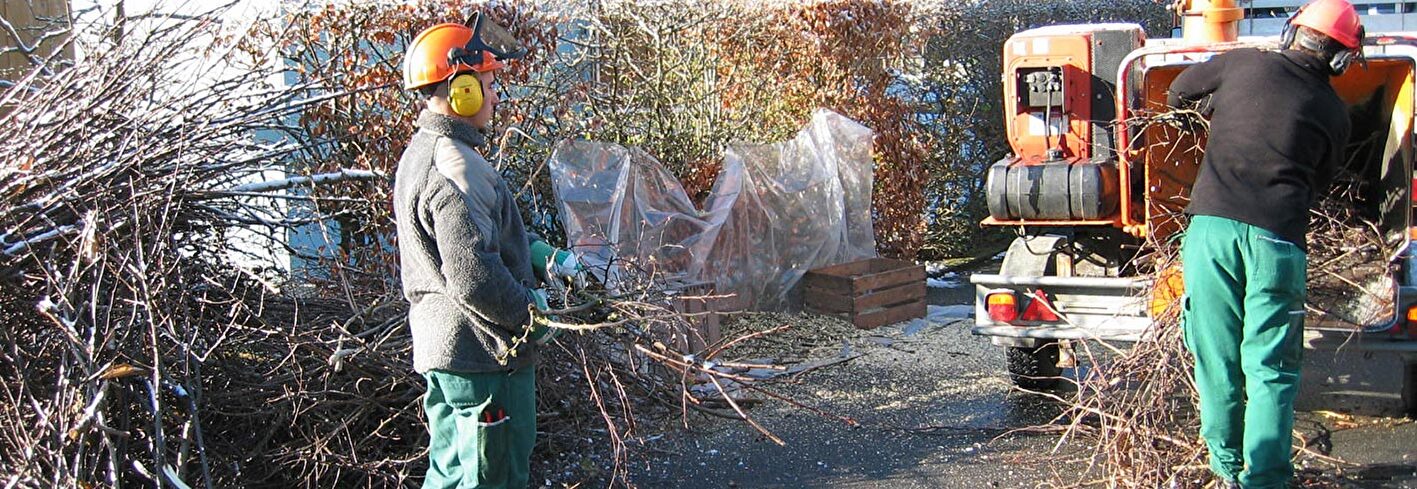 Zwei Personen laden Äste in einen Häckselwagen