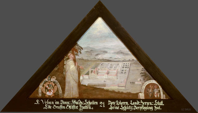 S: Urban im Bonn=Walds=Schatten
Edle Graffen Stifftet hatten;

Von Lucern Land=Herren=Statt,
Seine Schutz=Verpflegung hat.

Bildnummern: Kdm LU 20, Halter LX, Eglin 21