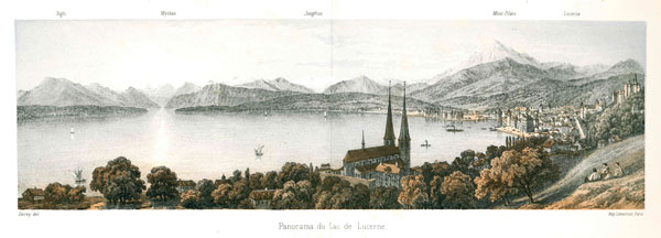Dreifarbige Lithographie des Vierwaldstättersees und seiner Bergwelt als feste Bestandteile des Stadtlebens und -bildes.