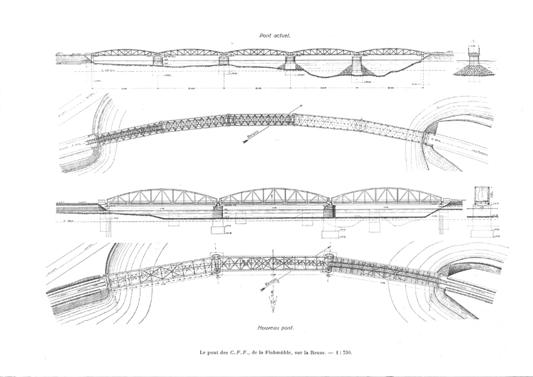 Die fünf Halbparabelträger der alten Brücke waren nur 2,6 m hoch und 28,6 m lang, bei der neuen messen die drei Träger 6,8 m auf 47,1 m. Eingezeichnet ist auch die nötige Stabilisierung mit Steinen (oben). 