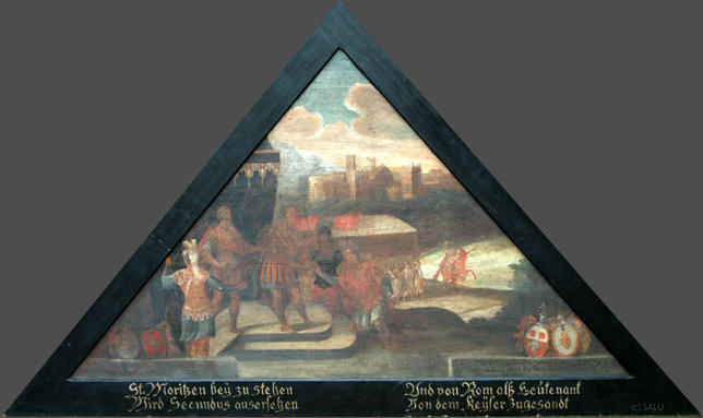 St. Moritzen beÿ zu stehen
Wird Secundus ausersehen

Und von Rom als Leutenant
Von dem Keÿser zugesandt

Bildnummern: Kdm LU 125, Halter 53, Eglin fehlt