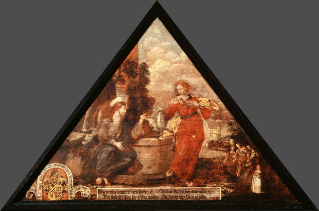 Ein weiblin so zum brunnen gloffen
Christum darbey hatt angetroffen

Die findt bey Ihm des Lebens brunnen
Darum ihr alles heil ist grunnen

Bildnummern: Kdm LU 110b, Inschriftenverzeichnis 6r, von Moos VI