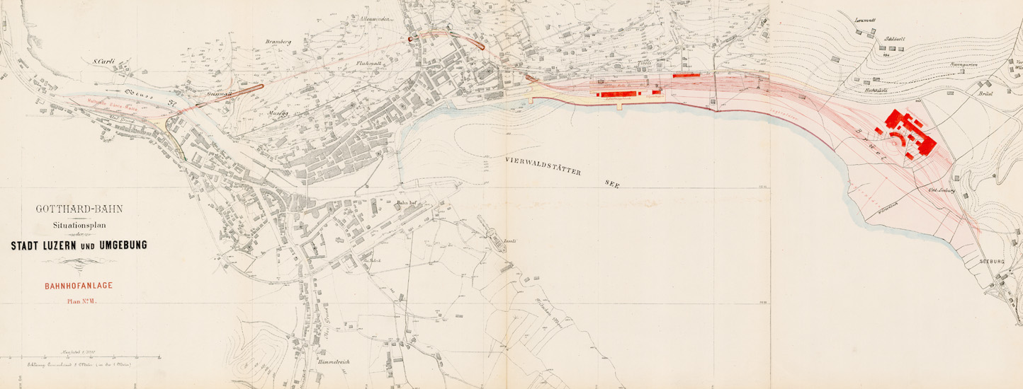 Der von der Gotthardbahn (GB) präferierte Durchgangsbahnhof hätte die Linien von Basel, Bern und Zürich mit der Linie nach Küssnacht–Immensee verbunden. Im Brüel war eine grosse Reparaturwerkstatt vorgesehen.
